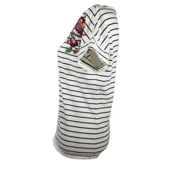 Chico’s Striped Floral Shoulder Tee Top White Black Red Cotton Size 1P - Picture 4 of 14